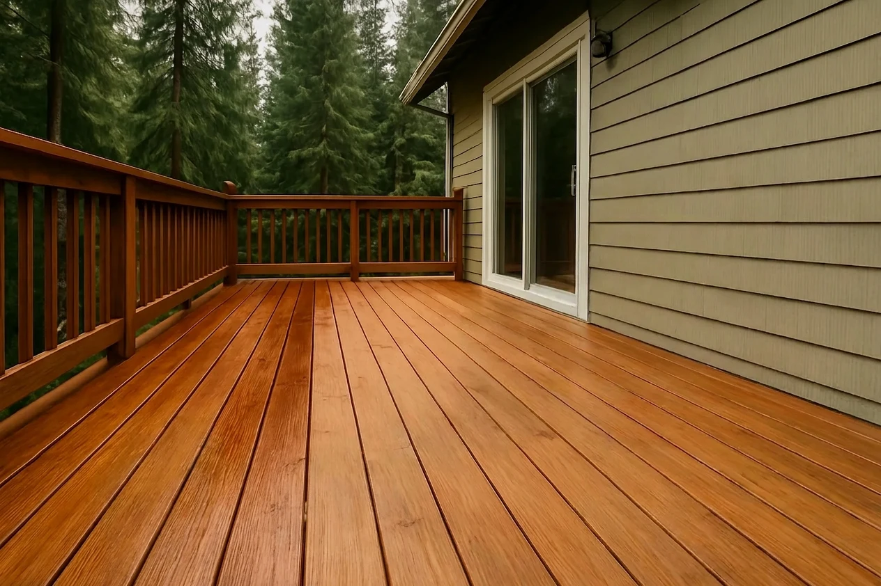 Semi-transparent stain soaking into cedar deck boards.