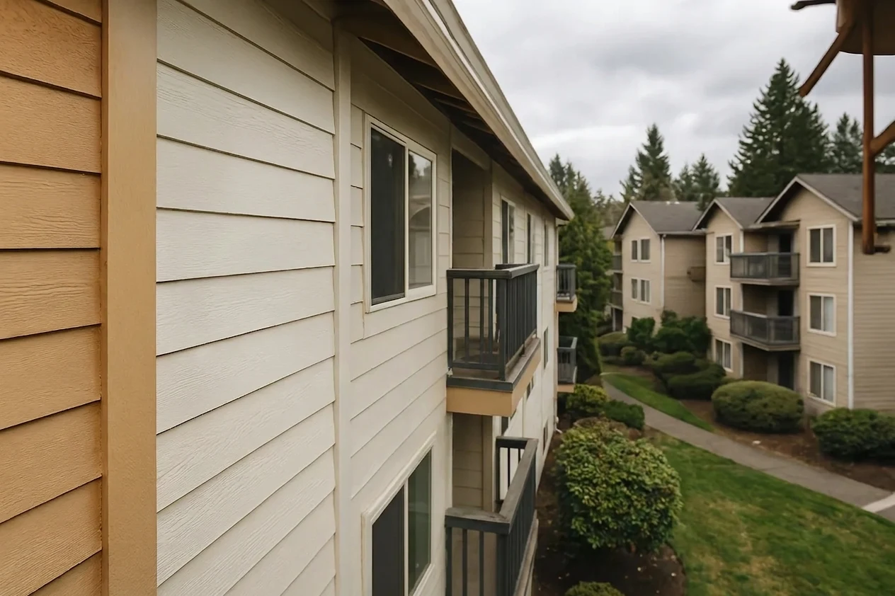 Freshly repainted multifamily building exterior in the Seattle area.