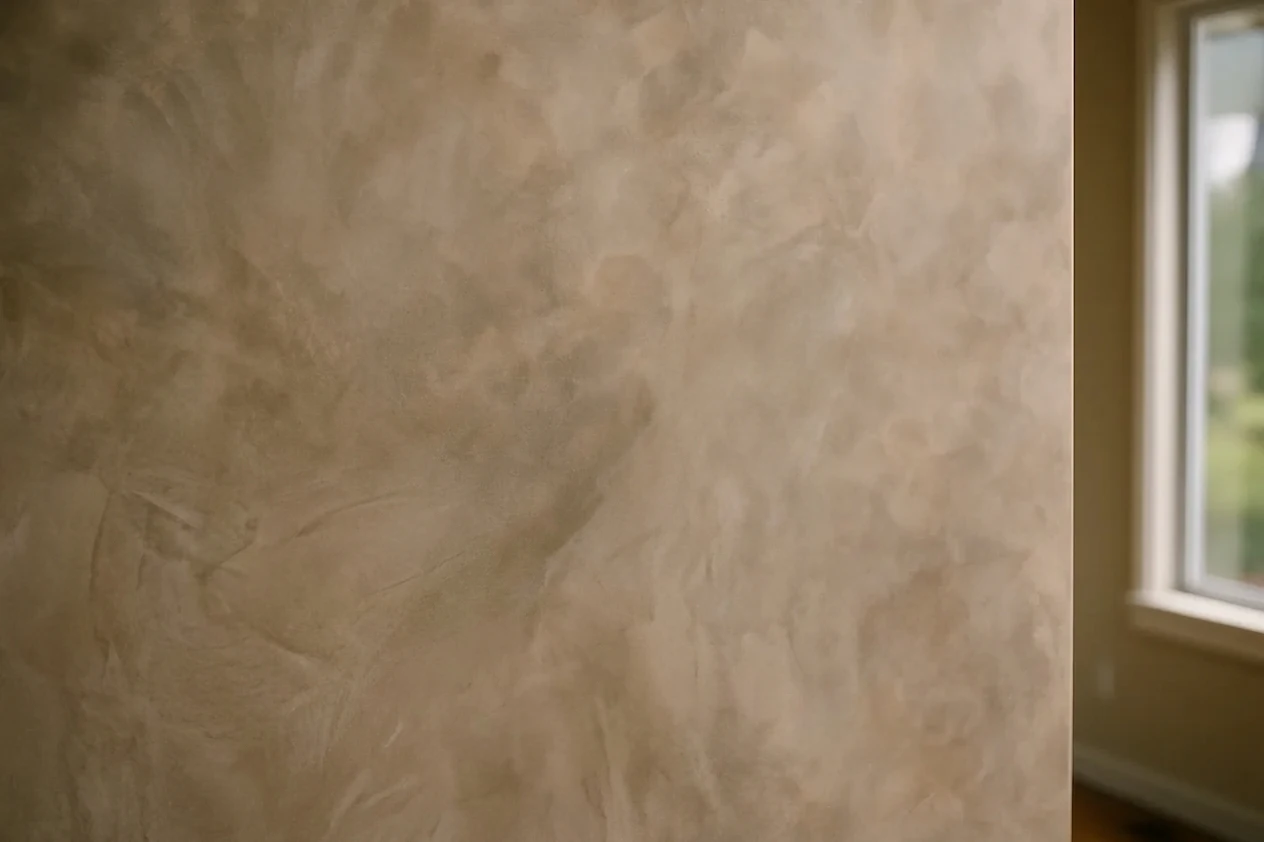 Venetian plaster accent wall with soft depth in a Seattle-area entry.