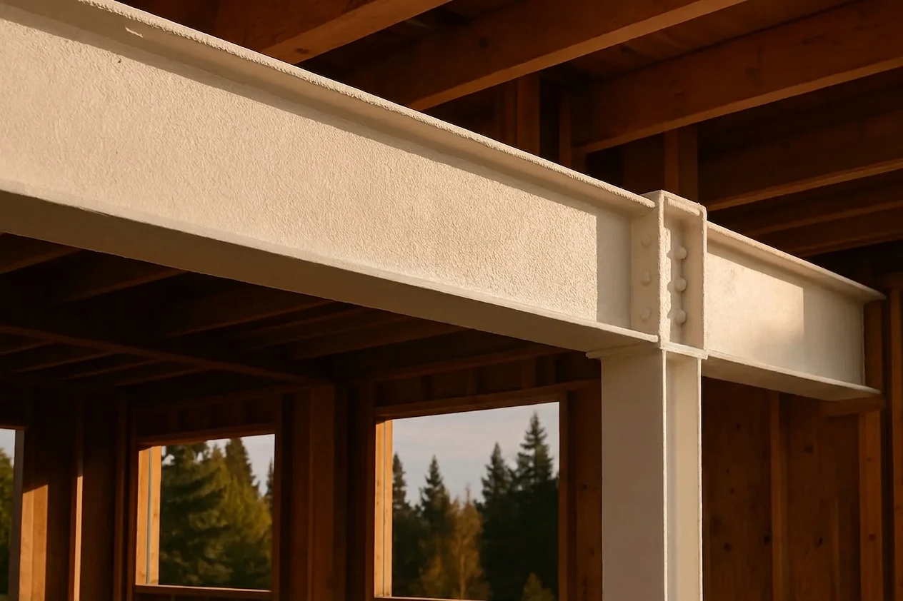 Painter applying a protective coating to steel columns in a modern interior.