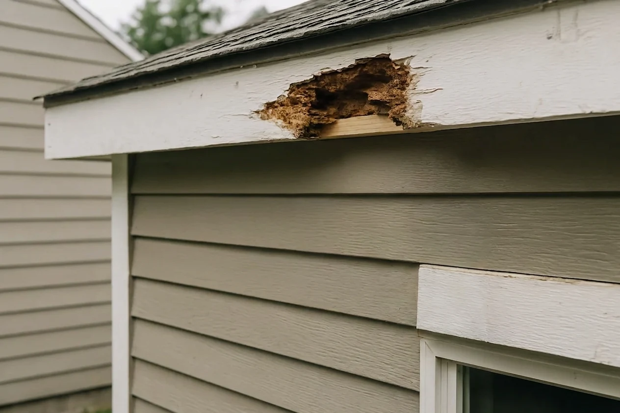 Exterior wood trim and fascia on a Seattle-area home prepped for repair.