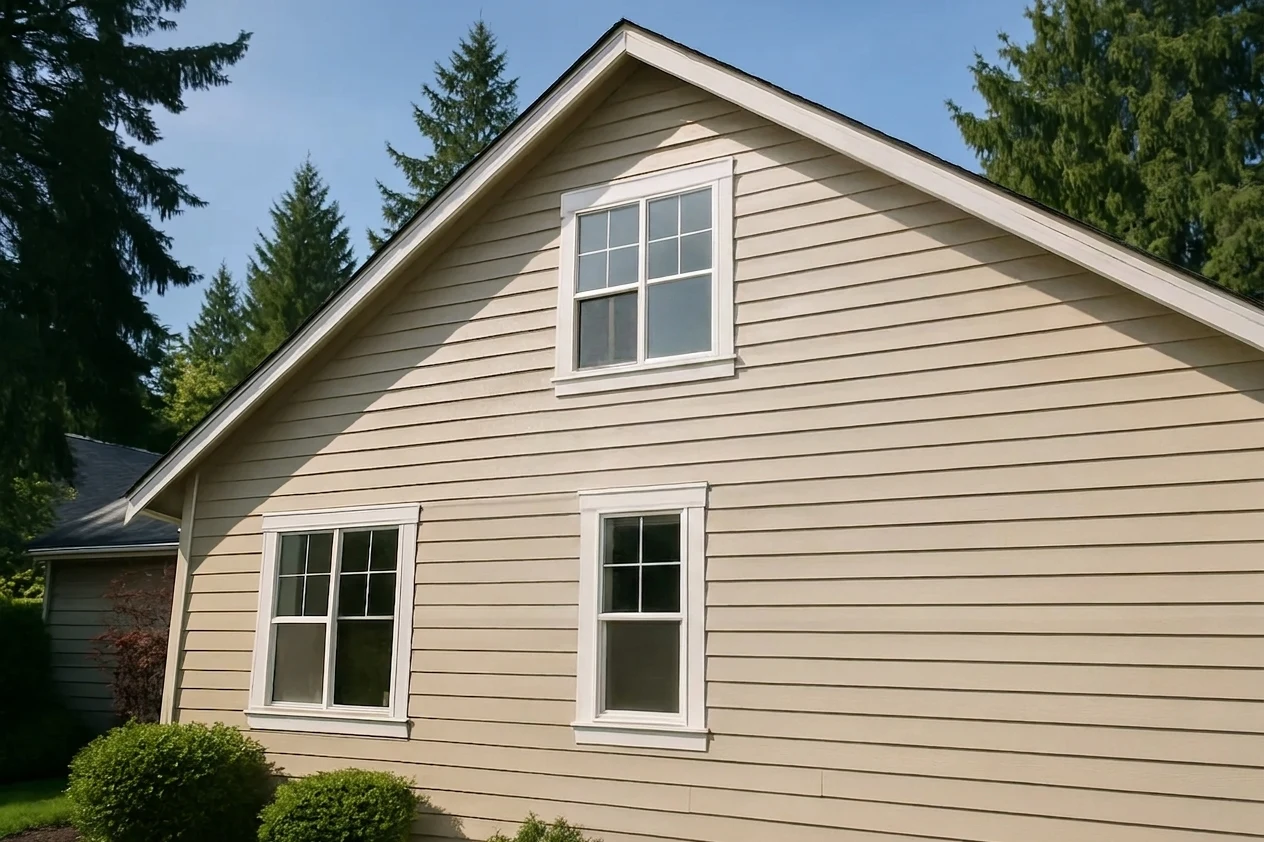 Pressure washing a home exterior in a Seattle-area neighborhood.