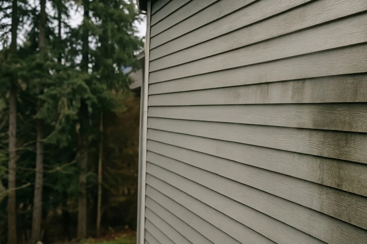 A clean driveway and siding after a professional exterior wash.