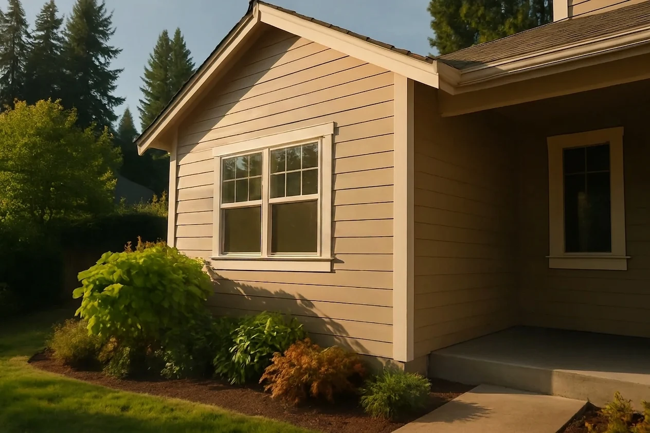 Exterior siding being coated during the dry season in Western Washington.