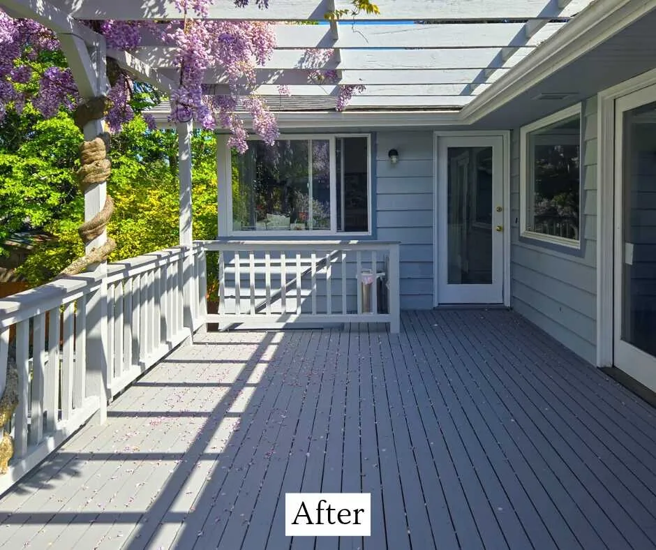 Full charcoal staircase and gray railings refinished by Hedlund Painting, Seattle waterfront