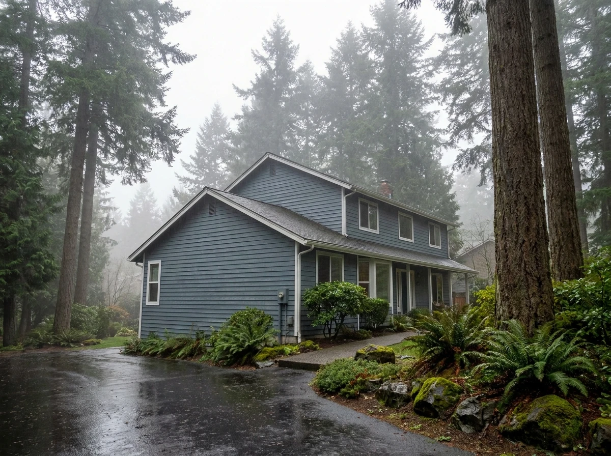 A Pacific Northwest home exterior holding up in wet, misty weather among the evergreens